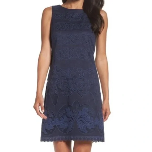 Petite Women's Eliza J Lace A-Line Dress, Size 4P - Blue Petite Women's Eliza J Lace A-Line Dress, Size 4P - Blue